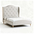 Upholstered bed frame with tufted headboard and wooden legs in beige 200 x 160 x 120cm