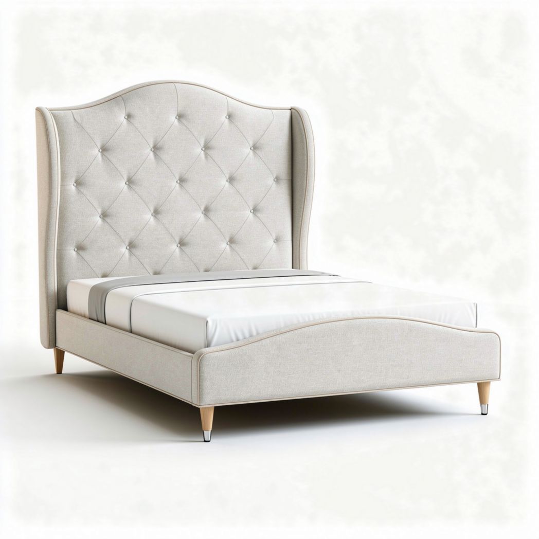 Upholstered bed frame with tufted headboard and wooden legs in beige 200 x 160 x 120cm