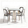 Round dining table with wooden legs and four grey plastic chairs 70 x 70 x 75cm