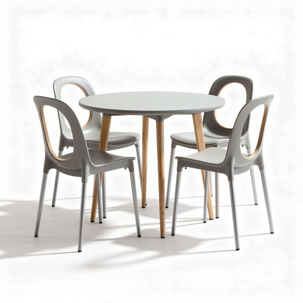 Round dining table with wooden legs and four grey plastic chairs 70 x 70 x 75cm