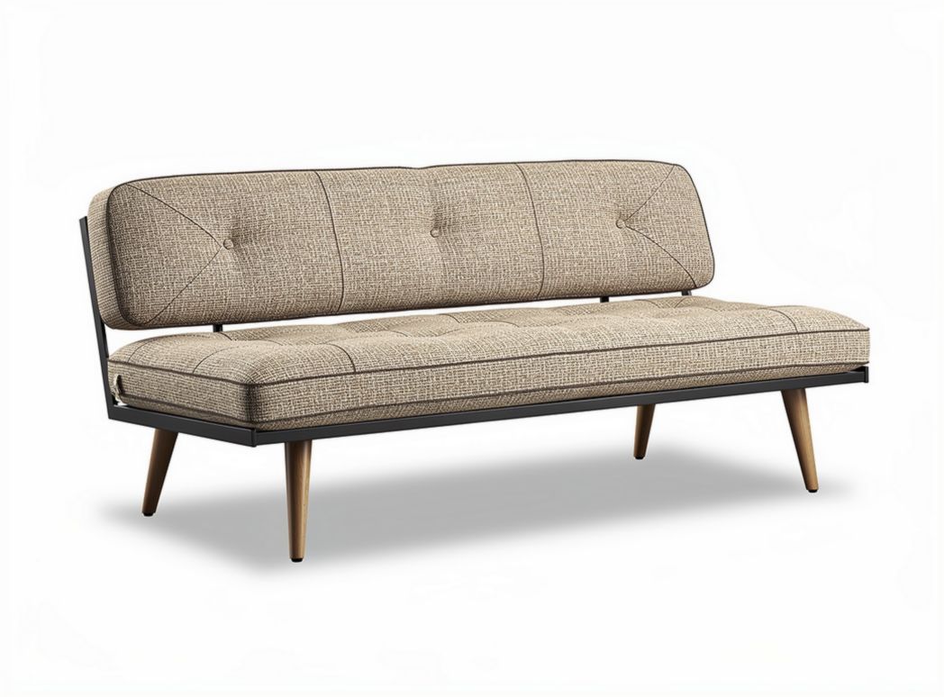 Metal frame futon sofa bed in beige fabric with wooden legs 180 x 75 x 85cm