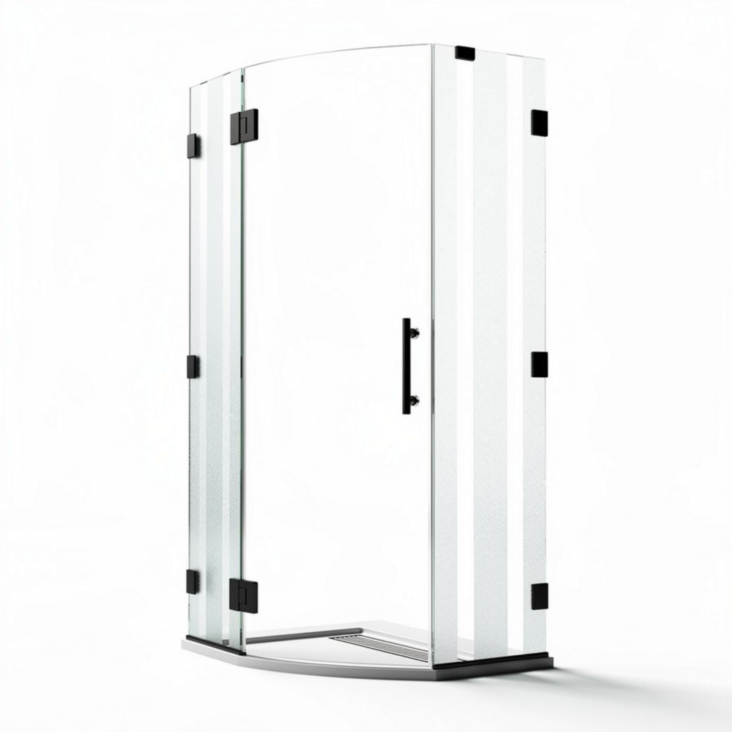 Frameless curved shower door with clear glass and black hardware 80 x 80 x 190cm