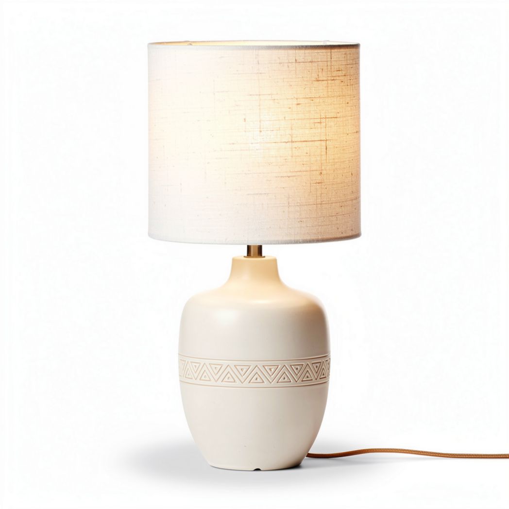Ceramic table lamp with linen shade and geometric pattern 25 x 25 x 50cm