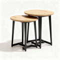 Nested round side tables with oak tops and black metal bases 40 x 40 x 45cm