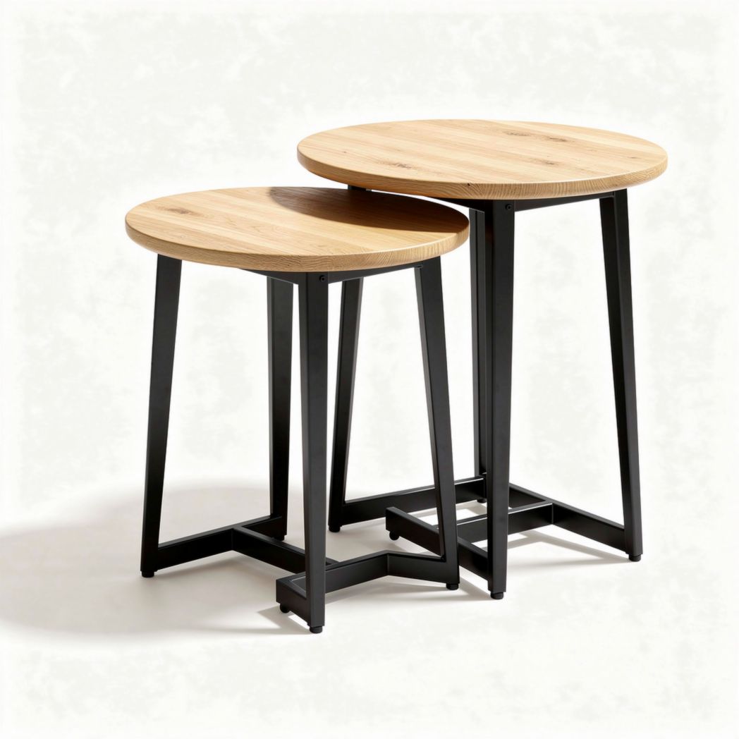 Nested round side tables with oak tops and black metal bases 40 x 40 x 45cm