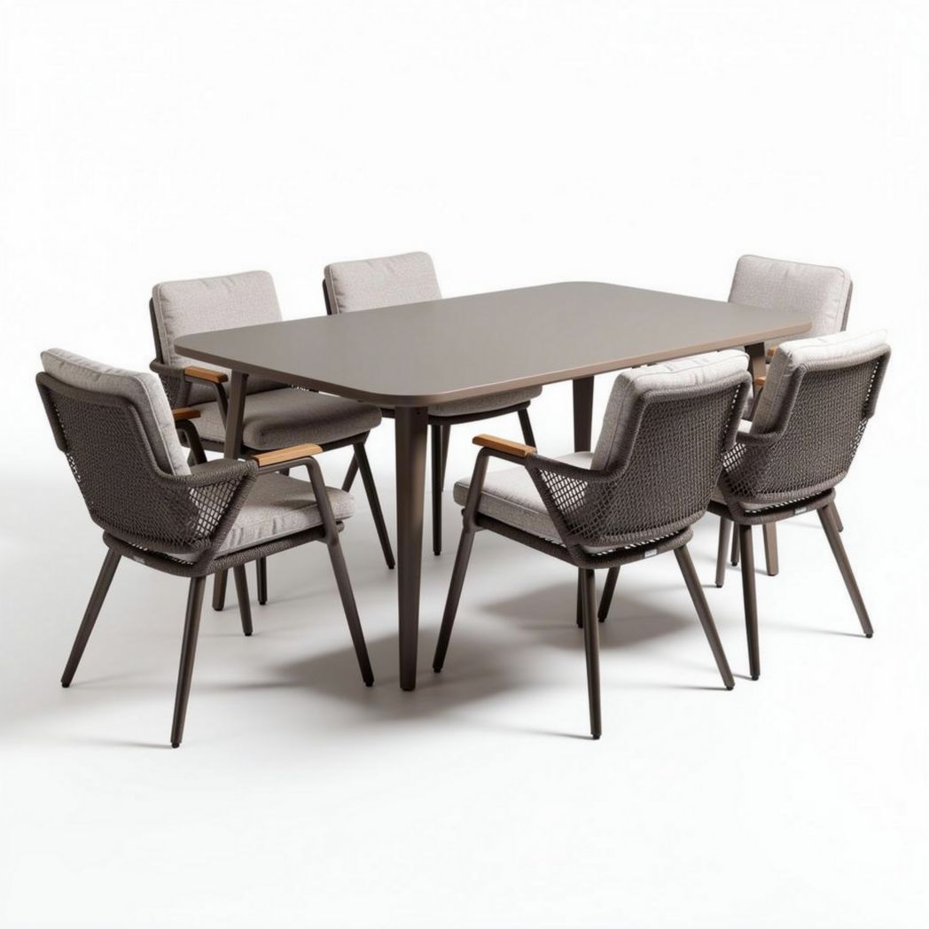 Rectangular outdoor dining table set with six cushioned chairs in gray rattan and aluminum frame