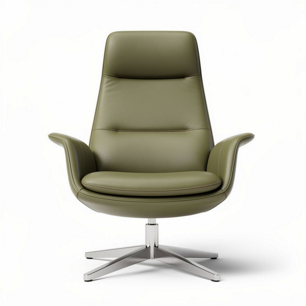Swivel lounge chair with green leather upholstery and chrome base