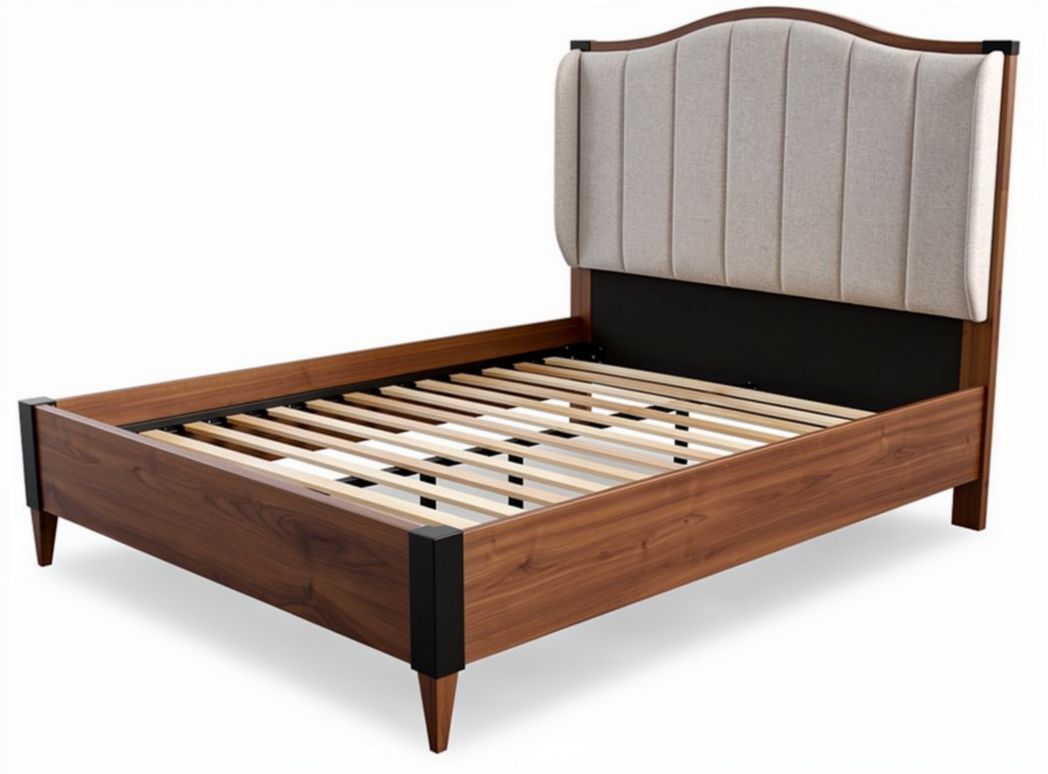 Wooden bed frame with upholstered headboard and slatted support 210 x 160 x 100cm