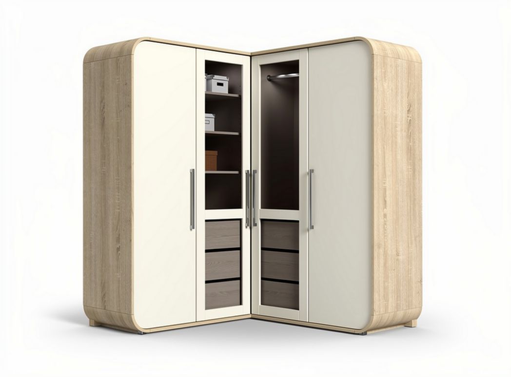 Corner wardrobe with shelves and drawers in natural wood and white finish 150 x 100 x 200cm